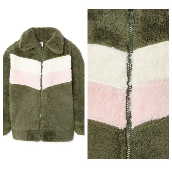 Wonder Nation Girls Plush Pink Green Soft Warm Winter Bomber Jacket SZ Medium - Picture 1 of 4
